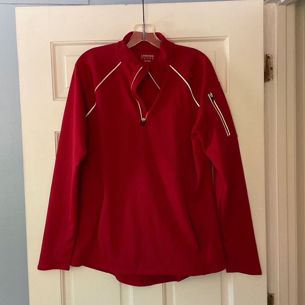 Lands End Mens Red Quarter Zip Performance Pullover Reflective Scotchlite L new